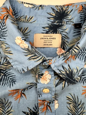 Camisa Hawaiana Jack & Jones Para Hombre Talla XL Azul Algodón Lino Tropical Foto 1 de 4