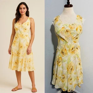 2000s Vtg LOFT 100% Silk Y2K Yellow Floral Midi Lined Dress V Neck Sleeveless 2P - Picture 1 of 14