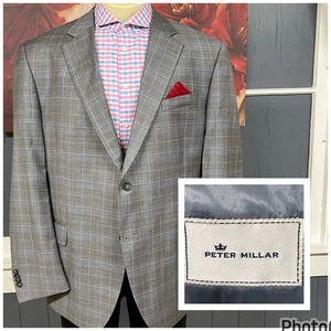 Peter Millar Suit Top Blazer Jacket Sport Coat Mens 48R Wool Gray/Blue Plaid - Picture 1 of 11