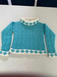 VTG Turquoise Blue Geometric Hand Knitted Pullover Diamond Turtleneck Sweater L - Picture 1 of 16
