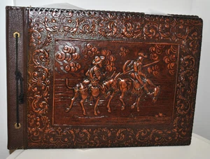 Embossed Stitched Leather Photo Album- 'Don Quixote' Vintage Decorative GC - Picture 1 of 6