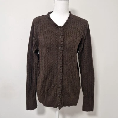 Eddie Bauer Cardigan Womens L Brown Cable Knit Sweater Ruffled Button Down Top - Image 1 of 4