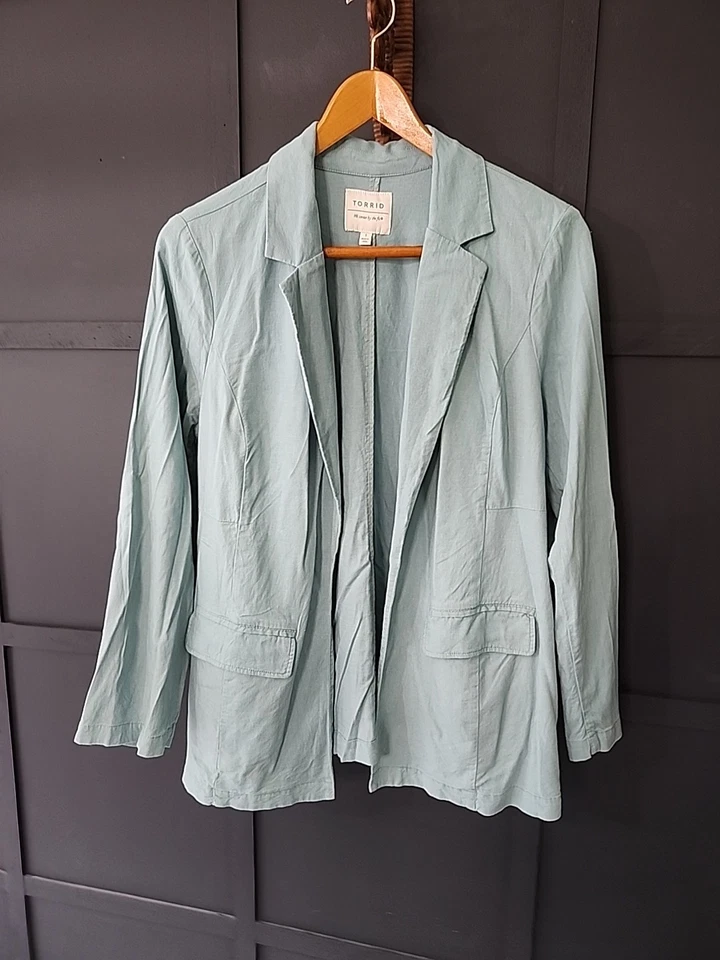 Blazer Torrid Mezcla Lino, Ligero, Azul, Talla 1, Bolsillos, Elástico Foto 1 de 4