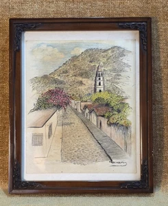 Lápiz Color Dibujo Escena Pueblo Vintage Arquitectónico Enmarcado Original Firmado - Imagen 1 de 16