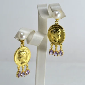 ORECCHINI ARGENTO 925 DORATI PERLE D'ACQUA DOLCE GOCCE AMETISTA AGHT 0949 - Foto 1 di 3