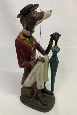 Statuina cane in legno vestito elegante con monocolo ed ombrello 31 cm arredo - Immagine 1 di 4