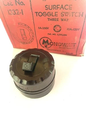 Vintage Monowatt Bakelite Brown Round Toggle Switch - 3 Way Surface Mount - NOS! - Image 1 of 4