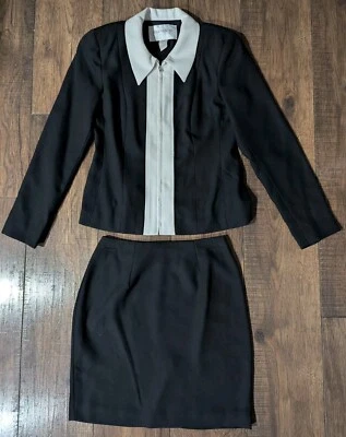 Hugo Buscati Women's Black Business Mini Skirt Suit White Stripe Accent Size 4 - Image 1 of 4