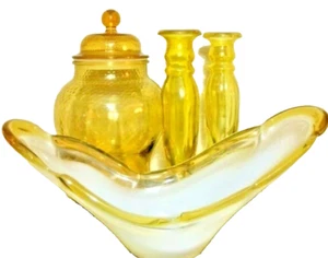 Yellow White Milk Glass Fruit Bowl Handblown GOA Candle or Vase Cookie Jar 3 Lot - Picture 1 of 12