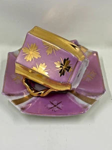 Antique Octagon Shaped German Teacup & Saucer - Pink and Gold Lusterware - Picture 1 of 9