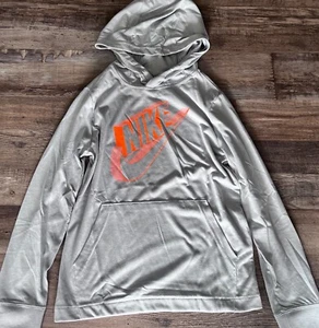 NWT Nike Boys YLG Light Gray/Neon Orange L/S Hooded Kangaroo Pocket Shirt Large - Picture 1 of 2