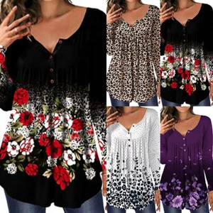 Womens Long Sleeve V Neck Tops T Shirt Ladies Floral Casual Loose Tee Blouse Top - Picture 1 of 16