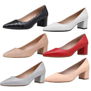 Women Chunky Low Block Heel Closed Toe Work Pump Pointed Toe Dress Wedding Shoes - Picture 1 of 26