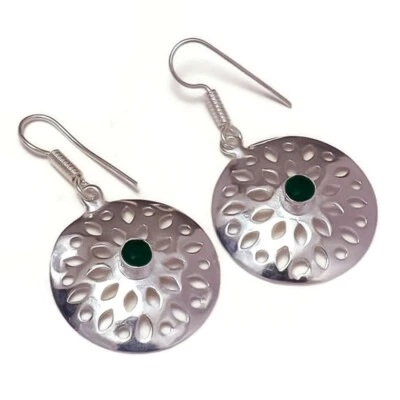 Huge! Green Onyx Gemstone Silver Overlay Handmade Filigree Drop Dangle Earrings - Image 1 of 3