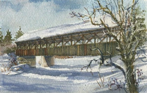 Puente cubierto Sunday River, Maine. Puente de artistas en nieve. Tarjetas de notas de acuarela - Imagen 1 de 2