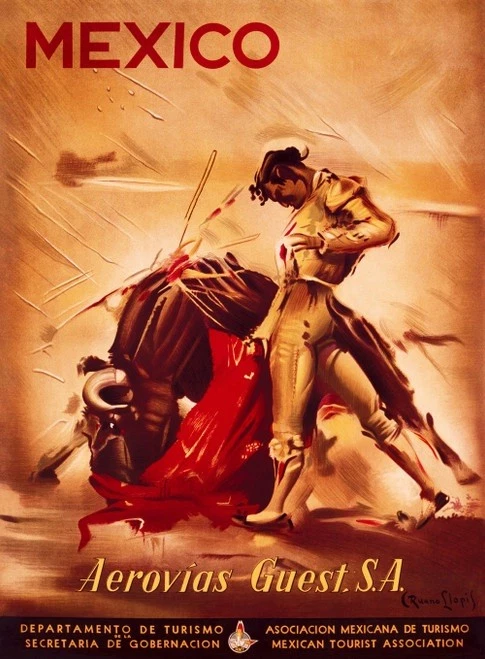 Cartel de viaje Aerovias Guest México vintage matador corrida de toros letrero de metal 12x8 pulgadas Foto 1 de 1