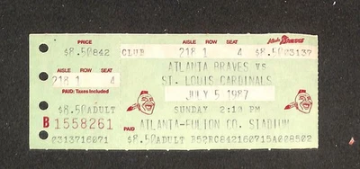 JULY 5, 1987 ST. LOUIS CARDINALS @ ATLANTA BRAVES FULL TICKET - Image 1 of 2