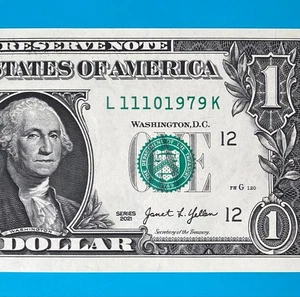 November 10, 1979 (L 11101979 K) BIRTHDAY Note $1 One Dollar Bill *UNC* - Picture 1 of 4