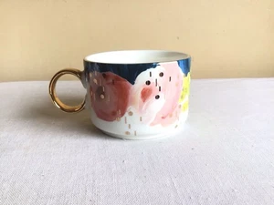 Anthropologie Anais Floral Gold Accent Flowers Oversized Ceramic Coffee Cup Mug - Picture 1 of 7