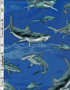 Royal Blue Tropical Sharks by Hoffmans Fabrics bty - Picture 1 of 1