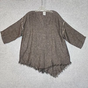 Match Point 100% Linen Blouse Top Size M Brown Exposed Seams Lagenlook Asym Hem - Picture 1 of 9
