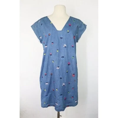 Hanna Andersson Embroidered Chambray Dress V-Neck Relaxed Fit Denim Blue Small - Image 1 of 4