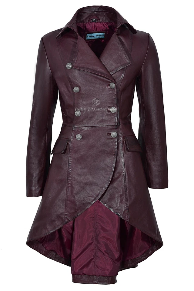 EDWARDIAN Ladies Leather Coat Cherry Napa Long Back Victorian Gothic Coat 3491-P - Image 1 of 4