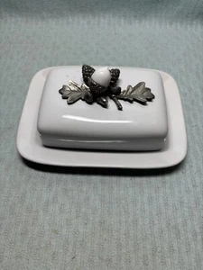 Vagabond House Acorn Oak Leaf Butter Dish Pewter Stoneware White LN - Picture 1 of 4