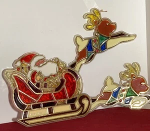 Vtg Santa & 2 Reindeer Giftco. Plastic Stained Glass Suncatcher Christmas Decor - Picture 1 of 11