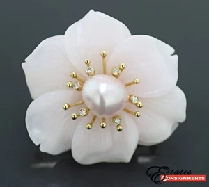 Grusso Carved Calcite, Cultured Pearl, Diamond, Yellow Gold Dogwood Flower... - Picture 1 of 9