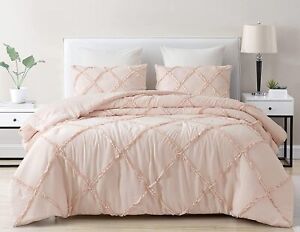 Blush Pink Washed Microfiber Bedding Set Diamond Ruffled Comforter Set and Shams