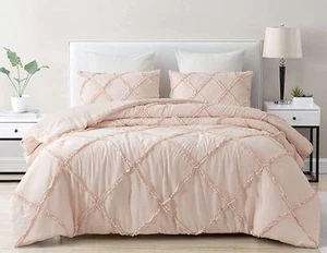 Blush Pink Washed Microfiber Bedding Set Diamond Ruffled Comforter Set and Shams - Picture 1 of 9