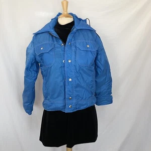 Giacca imbottita vintage anni 80 piumino country USA zip con cappuccio blu grande - Foto 1 di 7