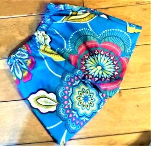 WOMAN VINTAGE STYLE BLUE FESTIVAL FLORAL HIGH ELASTIC WAIST WIDE LEG SHORTS 8 10 - Picture 1 of 1
