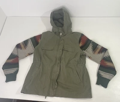Thread + Supply Woman LG Olive Military Jacket Aztec Knit Sleeves Boho Southwest - Image 1 of 4
