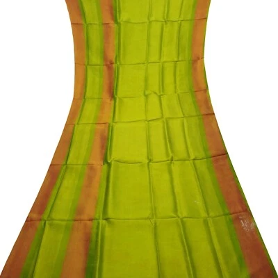 Vintage Green 100% Pure Silk Handloom Sari Remnant 4YD Craft Fabric Silk Scrap - Image 1 of 4