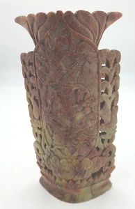 Vintage Chinese Soapstone Carved Dragons Vase Sculpture China-Pre 1921 6.5" - Picture 1 of 9