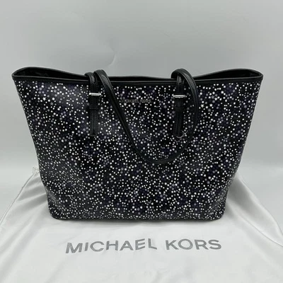 MICHAEL KORS LARGE JET SET BLACK PURPLE WHITE STARS GALAXY THEME HANDBAG PURSE - Image 1 of 4