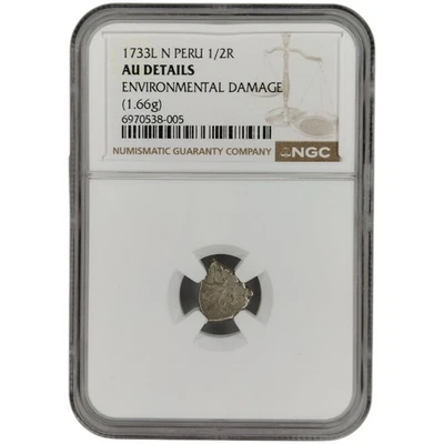 1733 L-N Peru King Philip V AR Silver 1/2 Real Cob NGC AU Details Env. Damage  - Image 1 of 2