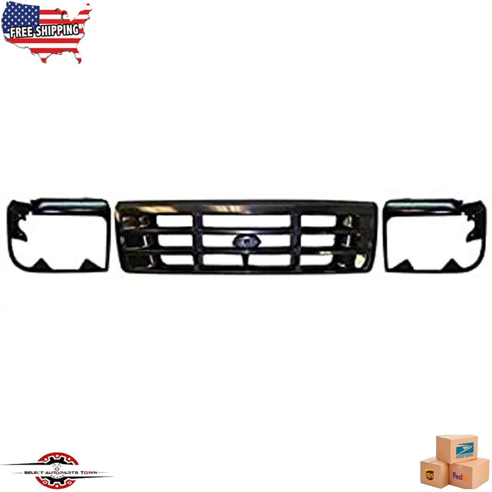 Fits 1992-1996 FORD F150 BRONCO Front Grille & Headlight Door Black Set of 3Pc Foto 1 de 4