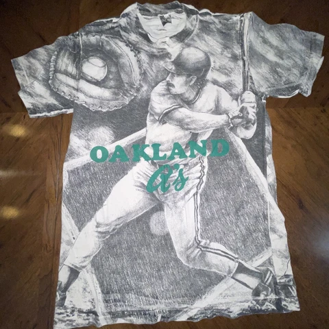 90's Vintage Oakland A's Athletics Jose 1990 T Shirt Size??? All Over Print Cover