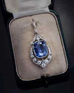 Ciondolo zaffiro diamante creato in laboratorio stile art deco per lei oro bianco 14 carati FN - Foto 1 di 11