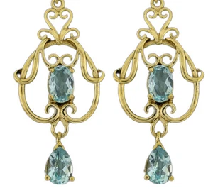 E040 Genuine 9K or 18K Gold Natural Topaz Drop Filigree Chandelier Earrings - Picture 1 of 5