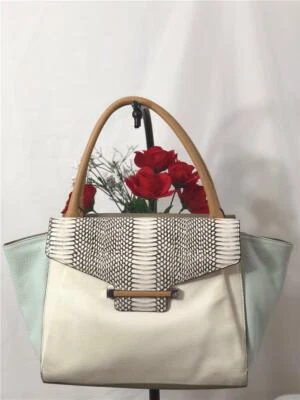 VINCE CAMUTO "Julia" White & Aqua Ice Pebbled Snakeskin Leather Shoulder Bag - Image 1 of 4