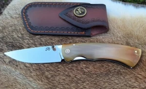 Custom folding pocket hunting knife 3.3” 440C Germany blade, Cow horn, L sheath - Picture 1 of 18