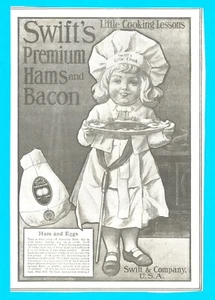 1906 SWIFT's PREMIUM ham cooking lessons PRINT AD little girl cooking CHEF - Picture 1 of 3