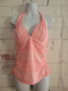 Catalina Swimsuit Tankini Top only Medium Pink Ivory Stripe Halter Plunge Padded - Picture 1 of 10