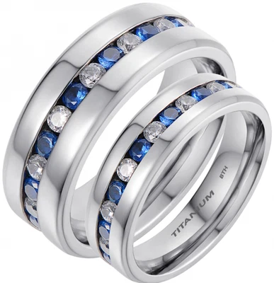 His & Hers Matching Titanium Blue Sapphire CZ Wedding Engagement Rings Set - Image 1 of 4