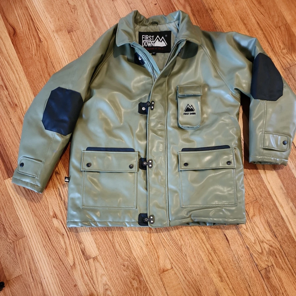 FIRST DOWN PVC Casting Leather Snow Jacket in olive green Size lg Rare Vintage - Image 1 of 4