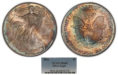 2001 1 oz Silver American Eagle - PQ Monster Rainbow Toning - PCGS MS 68 - E2973 - Image 1 of 4